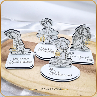Handgezeichneter Frauen-Aufsteller aus MDF | Glücksbringer & Neujahrsdeko | 4 Motive und 15 Sprüche | Geschenkidee, Mitbringsel, Engel