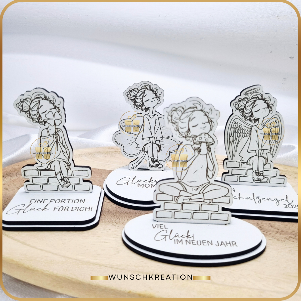 Handgezeichneter Frauen-Aufsteller aus MDF | Glücksbringer & Neujahrsdeko | 4 Motive und 15 Sprüche | Geschenkidee, Mitbringsel, Engel