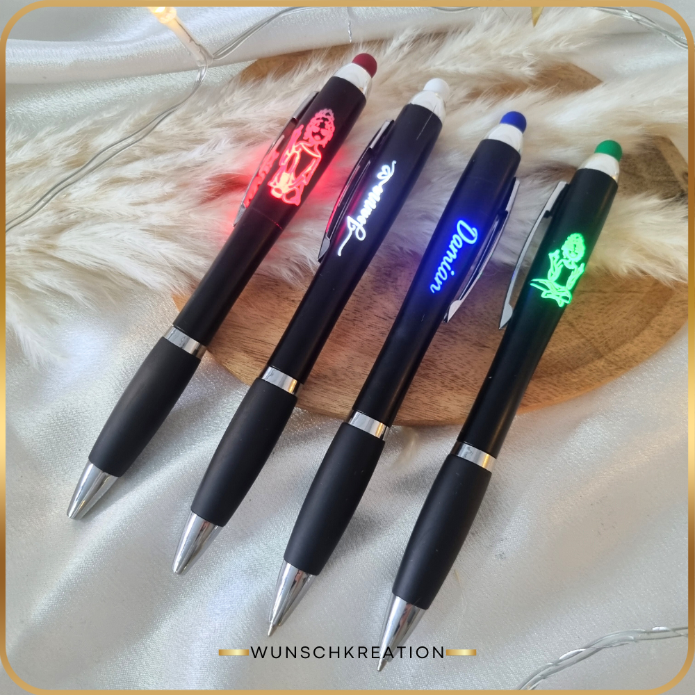 Personalisierter Leucht-Kugelschreiber mit Namen | LED Stylus Touch Pen | Graviertes Geschenk mit Farbwahl