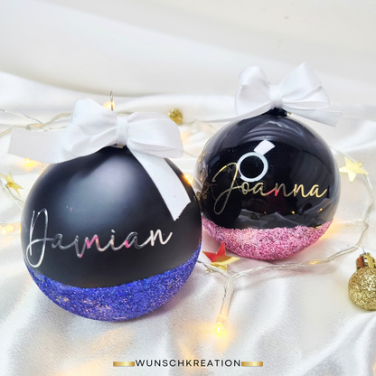 Personalisierte Weihnachtskugel Glas mit Glitzer (Handgefertigt) | Schwarz Matt | 8 cm | Name | Weihnachtsbaumschmuck