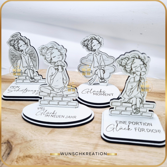 Handgezeichneter Frauen-Aufsteller aus MDF | Glücksbringer & Neujahrsdeko | 4 Motive und 15 Sprüche | Geschenkidee, Mitbringsel, Engel