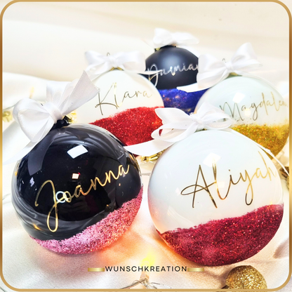 Personalisierte Weihnachtskugel Glas mit Glitzer (Handgefertigt) | Schwarz Glanz | 8 cm | Name | Weihnachtsbaumschmuck