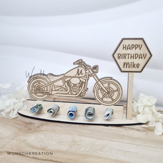Chopper – Oldschool Motorrad – Retro-Bike  Geldgeschenk Holz – Personalisiert mit Name & Alter – Geschenk zum Geburtstag | Biker oder Teenager | Geschenkidee für Geburtstag
