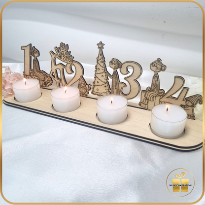 Advent Aufsteller aus Holz | Weihnachtsdeko mit handgezeichneten Frauen-Motiven | Teelichthalter für 4 Lichter |Alternative zum Adventskranz