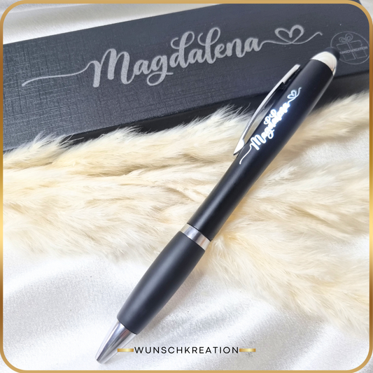 Personalisierter Leucht-Kugelschreiber mit Namen | LED Stylus Touch Pen | Graviertes Geschenk für Männer & Frauen | Büro Geschenk | Schwarz