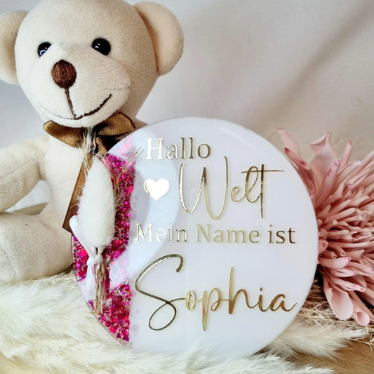 Personalisierte Geburtstafel | Namensschild | Meilenstein „Hallo Welt“ | Bekanntgabe des Namens | Acryl | Babyshower | Meilensteinkarte