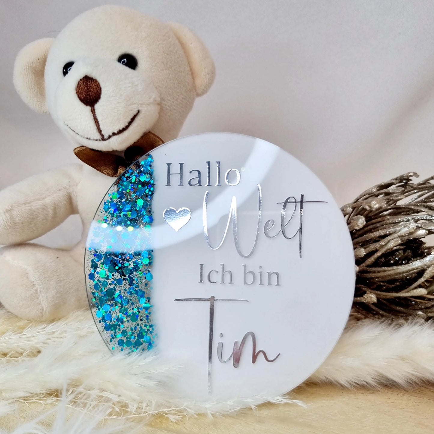 Personalisierte Geburtstafel | Namensschild | Meilenstein „Hallo Welt“ | Bekanntgabe des Namens | Acryl | Babyshower | Meilensteinkarte