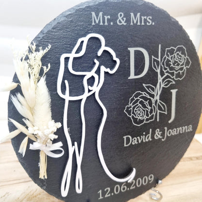 Personalisierte Schieferplatte – Hochzeit Geschenk, Empfangsschild mit Gravur & Trockenblumen