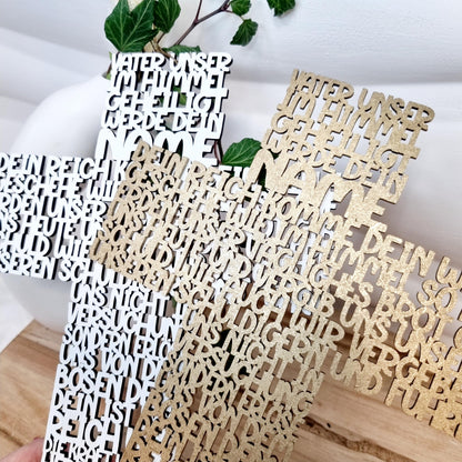 Geschenk zur Taufe | Kommunion & Konfirmation | Vater Unser | Kreuz | Holz | Gebet | Deutsch | Christen | Gold | Geschenkidee