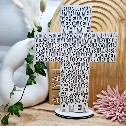 Geschenk zur Taufe | Kommunion & Konfirmation | Vater Unser | Kreuz | Holz | Gebet | Deutsch | Christen | Gold | Geschenkidee